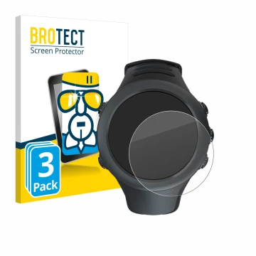 Front side of a product packaging with the brand logo BROTECT. Next to it is the device Suunto Ambit3 Sport Black shown with t