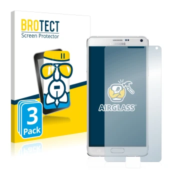Front side of a product packaging with the brand logo BROTECT. Next to it is the device Samsung Galaxy Note 4 shown with the c