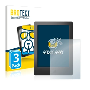 Front side of a product packaging with the brand logo BROTECT. Next to it is the device Kobo Aura H2O shown with the correspon