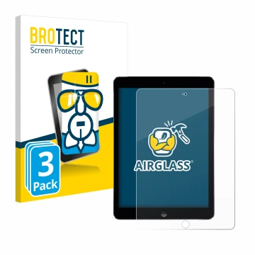 Front side of a product packaging with the brand logo BROTECT. Next to it is the device Apple iPad Air 2 2014 shown with the c