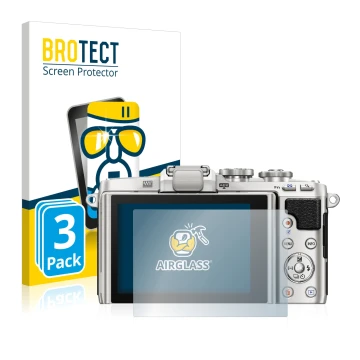 Front side of a product packaging with the brand logo BROTECT. Next to it is the device Olympus PEN E-PL7 shown with the corre