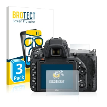 Front side of a product packaging with the brand logo BROTECT. Next to it is the device Nikon D750 shown with the correspondin