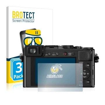 Front side of a product packaging with the brand logo BROTECT. Next to it is the device Panasonic Lumix DMC-LX100 shown with t