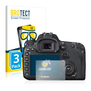 Front side of a product packaging with the brand logo BROTECT. Next to it is the device Canon EOS 7D Mark II shown with the co