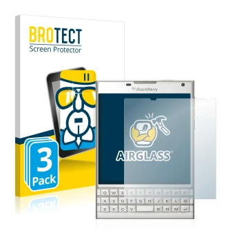 Front side of a product packaging with the brand logo BROTECT. Next to it is the device BlackBerry Passport shown with the cor
