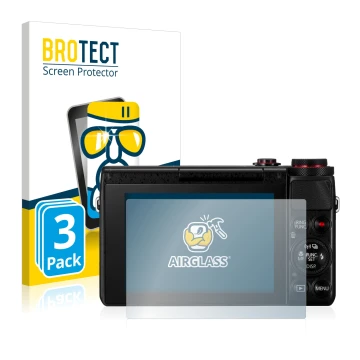 Front side of a product packaging with the brand logo BROTECT. Next to it is the device Canon PowerShot G7 X G7X shown with th