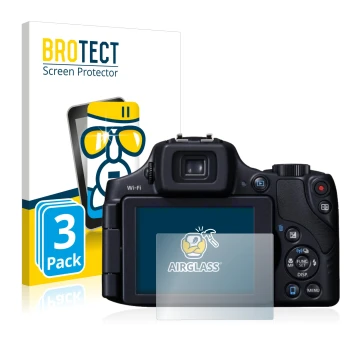 Front side of a product packaging with the brand logo BROTECT. Next to it is the device Canon PowerShot SX60 HS shown with the