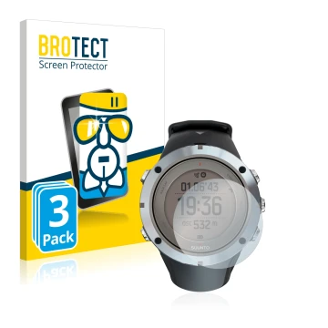 Front side of a product packaging with the brand logo BROTECT. Next to it is the device Suunto Ambit3 Peak Sapphire shown with