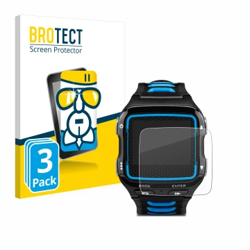 Front side of a product packaging with the brand logo BROTECT. Next to it is the device Garmin Forerunner 920XT shown with the