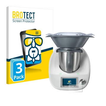 Front side of a product packaging with the brand logo BROTECT. Next to it is the device Vorwerk Thermomix TM5 shown with the c