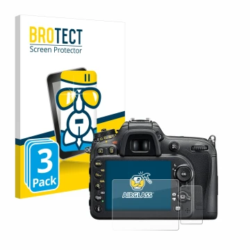 Front side of a product packaging with the brand logo BROTECT. Next to it is the device Nikon D7200 shown with the correspondi