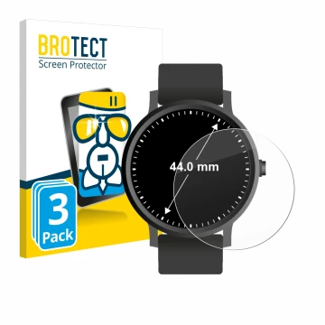 Front side of a product packaging with the brand logo BROTECT. Next to it is the device Watches (Circular, ø: 44 mm) shown wit