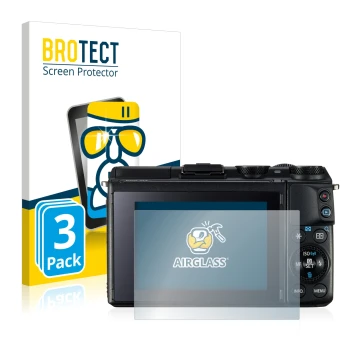 Front side of a product packaging with the brand logo BROTECT. Next to it is the device Canon EOS M3 shown with the correspond