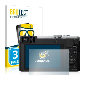 Front side of a product packaging with the brand logo BROTECT. Next to it is the device Panasonic Lumix DMC-TZ71 shown with th