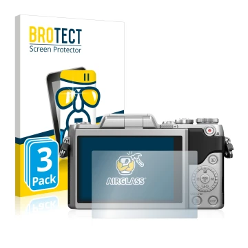 Front side of a product packaging with the brand logo BROTECT. Next to it is the device Panasonic Lumix DMC-GF7 shown with the