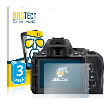 Front side of a product packaging with the brand logo BROTECT. Next to it is the device Nikon D5500 shown with the correspondi