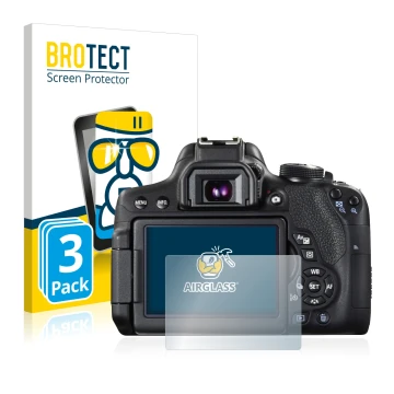 Front side of a product packaging with the brand logo BROTECT. Next to it is the device Canon EOS 750D shown with the correspo