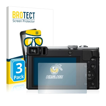 Front side of a product packaging with the brand logo BROTECT. Next to it is the device Panasonic Lumix DMC-TZ70 shown with th