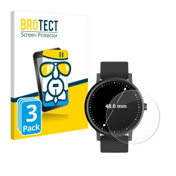 Front side of a product packaging with the brand logo BROTECT. Next to it is the device Watches (Circular, ø: 48 mm) shown wit