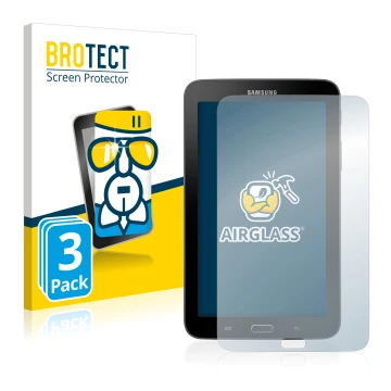 Front side of a product packaging with the brand logo BROTECT. Next to it is the device Samsung Galaxy Tab 3 SM-T113 shown wit