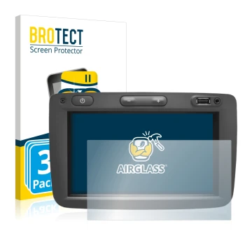 Front side of a product packaging with the brand logo BROTECT. Next to it is the device Dacia Media Nav shown with the corresp