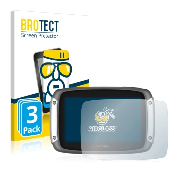 Front side of a product packaging with the brand logo BROTECT. Next to it is the device TomTom Rider 400 shown with the corres