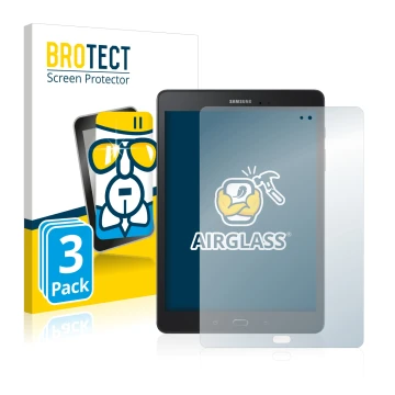 Front side of a product packaging with the brand logo BROTECT. Next to it is the device Samsung Galaxy Tab A 9.7 shown with th
