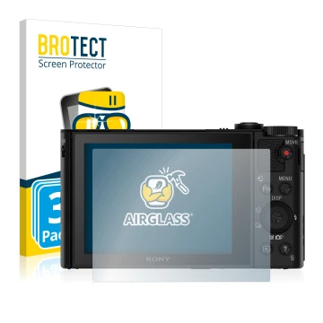 Front side of a product packaging with the brand logo BROTECT. Next to it is the device Sony Cyber-Shot DSC-HX90V shown with t