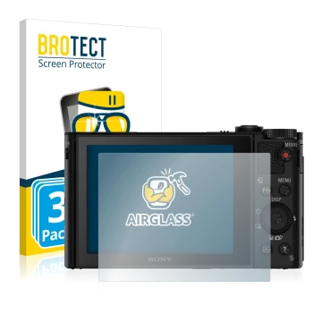 Front side of a product packaging with the brand logo BROTECT. Next to it is the device Sony Cyber-Shot DSC-WX500 shown with t