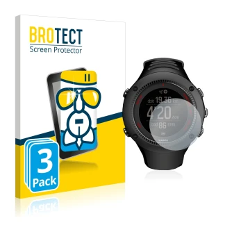 Front side of a product packaging with the brand logo BROTECT. Next to it is the device Suunto Ambit3 Run Black shown with the