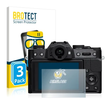 Front side of a product packaging with the brand logo BROTECT. Next to it is the device Fujifilm X-T10 shown with the correspo