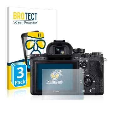 Front side of a product packaging with the brand logo BROTECT. Next to it is the device Sony Alpha 7R II shown with the corres