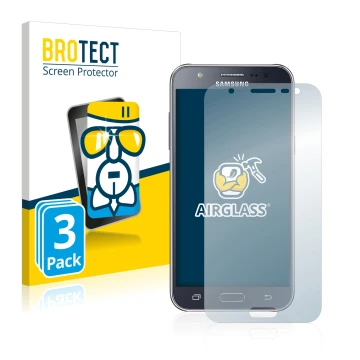 Front side of a product packaging with the brand logo BROTECT. Next to it is the device Samsung Galaxy J5 2015 shown with the 