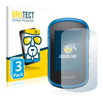Front side of a product packaging with the brand logo BROTECT. Next to it is the device Garmin eTrex Touch 25 shown with the c