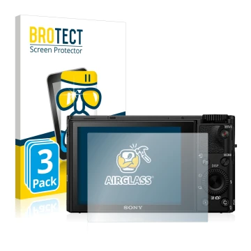 Front side of a product packaging with the brand logo BROTECT. Next to it is the device Sony Cyber-Shot DSC-RX100 IV shown wit