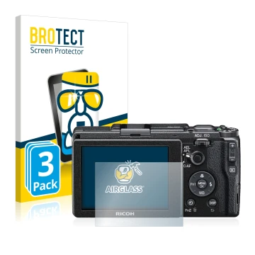 Front side of a product packaging with the brand logo BROTECT. Next to it is the device Ricoh GR II 2015 shown with the corres