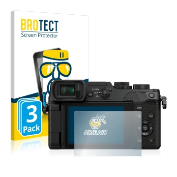 Front side of a product packaging with the brand logo BROTECT. Next to it is the device Panasonic Lumix DMC-GX8 shown with the