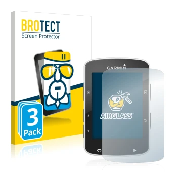 Front side of a product packaging with the brand logo BROTECT. Next to it is the device Garmin Edge 520 shown with the corresp