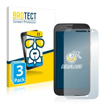 Front side of a product packaging with the brand logo BROTECT. Next to it is the device Motorola Moto G 3rd 2015 shown with th