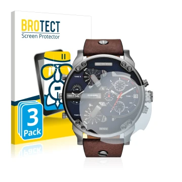 Front side of a product packaging with the brand logo BROTECT. Next to it is the device Diesel DZ7314 Mr. Daddy shown with the