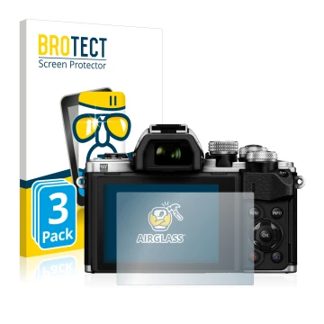 Front side of a product packaging with the brand logo BROTECT. Next to it is the device Olympus OM-D E-M10 Mark II shown with 