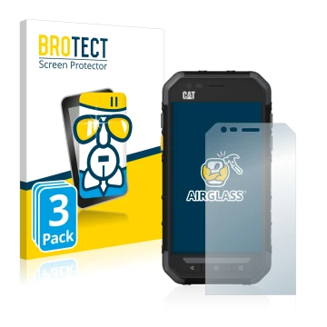 Front side of a product packaging with the brand logo BROTECT. Next to it is the device Caterpillar Cat S30 shown with the cor