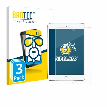 Front side of a product packaging with the brand logo BROTECT. Next to it is the device Apple iPad Mini 4 2015 shown with the 