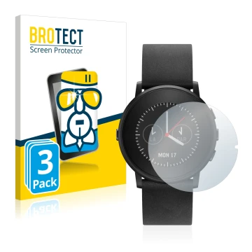 Front side of a product packaging with the brand logo BROTECT. Next to it is the device Pebble Time Round shown with the corre