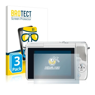 Front side of a product packaging with the brand logo BROTECT. Next to it is the device Canon EOS M10 shown with the correspon