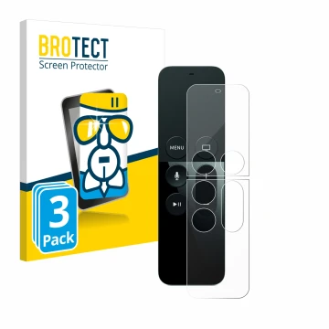 Front side of a product packaging with the brand logo BROTECT. Next to it is the device Apple Remote Control Apple TV 4 shown 