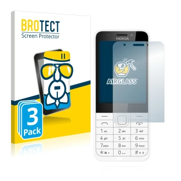 Front side of a product packaging with the brand logo BROTECT. Next to it is the device Nokia 230 shown with the corresponding