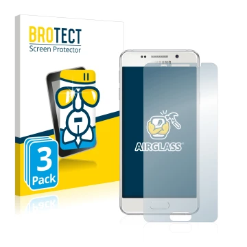 Front side of a product packaging with the brand logo BROTECT. Next to it is the device Samsung Galaxy A3 2016 shown with the 