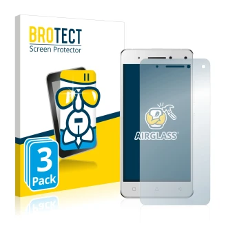 Front side of a product packaging with the brand logo BROTECT. Next to it is the device Lenovo Vibe S1 shown with the correspo