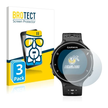Front side of a product packaging with the brand logo BROTECT. Next to it is the device Garmin Forerunner 230 shown with the c